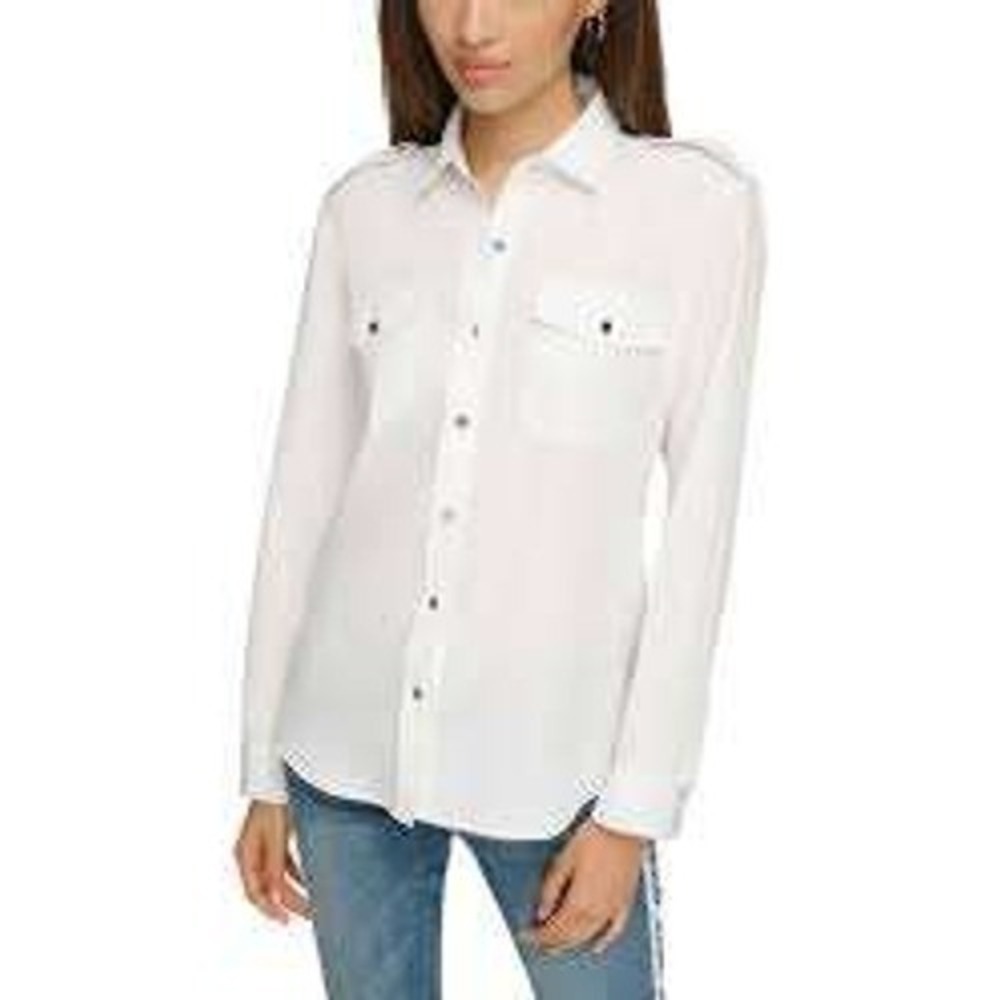NWOT Karl Lagerfeld Paris Women White Logo Epaulette Utility Button Down Shirt S